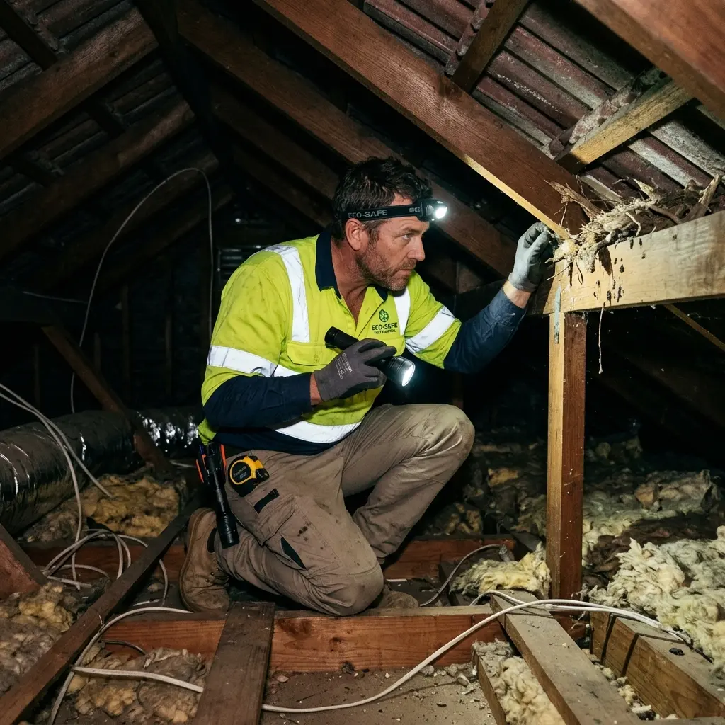 Technician inspecting a roof cavity for a dead animal in Magpie