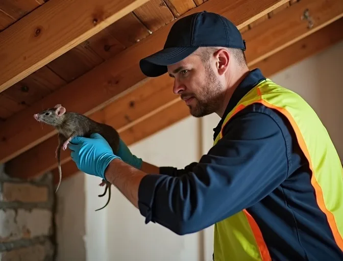 Technician inspecting a roof cavity for a dead rat in Magpie